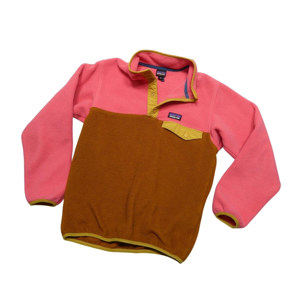 Patagonia Synchilla Snap-T Pullover Youth Medium 10 Pink Brown Fleece Colorblock